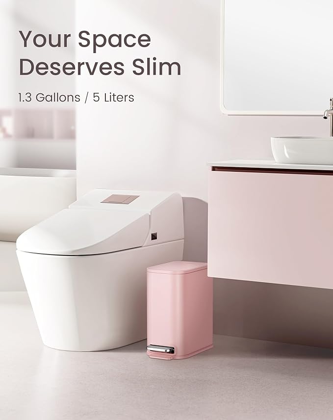 Cesun Small Bathroom Trash Can with Lid Soft Close Step Pedal 5 Liter / 1.3 Gallon Stainless Steel Garbage Can with Removable Inner Bucket Waste Basket for Bathroom Bedroom (Pink)