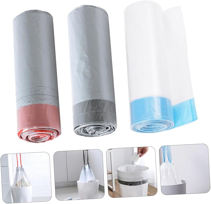 Disposable Drawstring Trash Bags 90pcs Portable Rubbish Bags with Red and Blue Drawstrings Gray and White Color Mixed Suitable for Kitchen and Household Waste Random Color