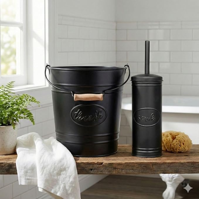 Autumn Alley Farmhouse Bathroom Trash Can and Toilet Brush Set - Rustic Bathroom Accessories for Charming Bathroom Décor Matte Black Heavy Gauge Metal