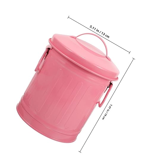 Metal Trash Can with Lid Small Desktop Garbage Bin Retro Pink Iron Table Wastebasket for Office and Bedroom Organization