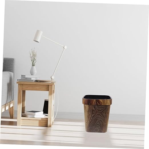 Square Plastic Wastebasket with Faux Wood Grain Finish Lidless Capacity Trash Bin for Home Office Easy to Clean Stylish Farmhouse Rubbish Can