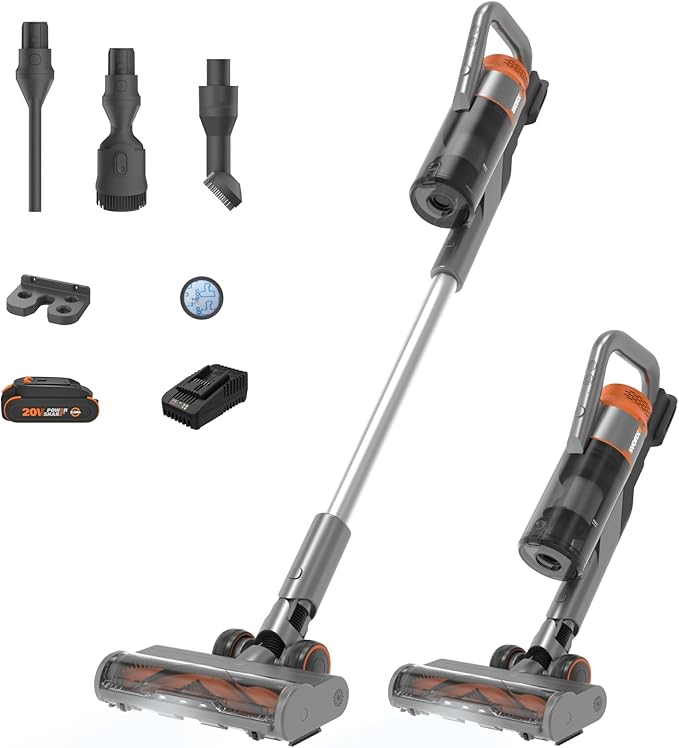 WORX 20V Cordless Stick Vacuum WX038L.1 Powerful Cordless Vacuum Cleaner 25Kpa High Suction for Pet Hair Lightweight Handheld Vacuum Cleans Floors Carpet Car – Battery &amp Charger Included