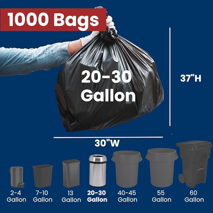 20-30 Gal Trash Bags | 500 Count | 30 X 37 Black Large Garbage Bags for Household Use