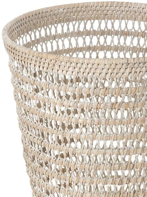 Kouboo La Jolla Rattan Mesh Waste Basket – Round Trash Can for Bathroom Bedroom Office – Boho Wicker Bathroom Storage Small Garbage Bin for Home Decor &amp Storage Basket White Wash