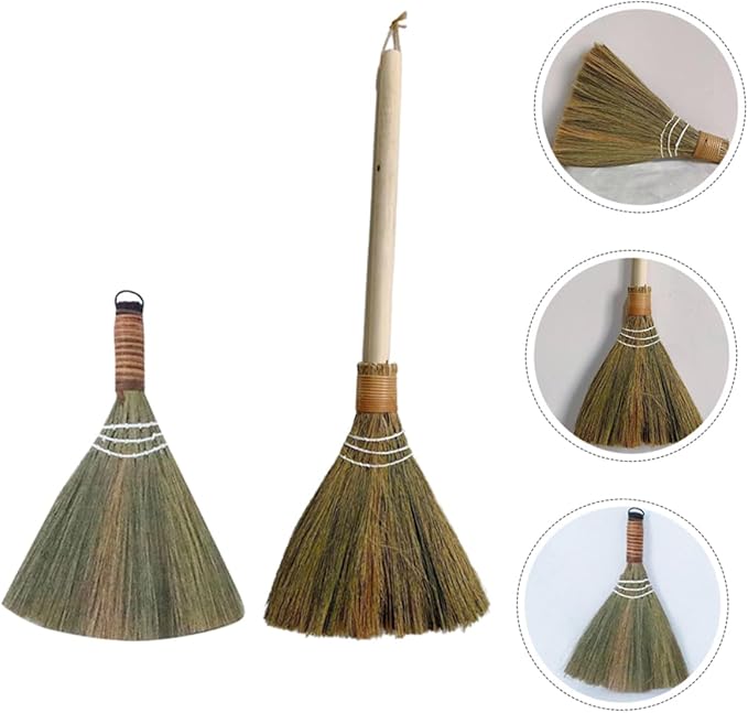 2pcs Natural Bamboo Broom Set Handmade Indoor Cleaning Brooms Long Handle Dust Removing for Home and Kitchen Woven Design