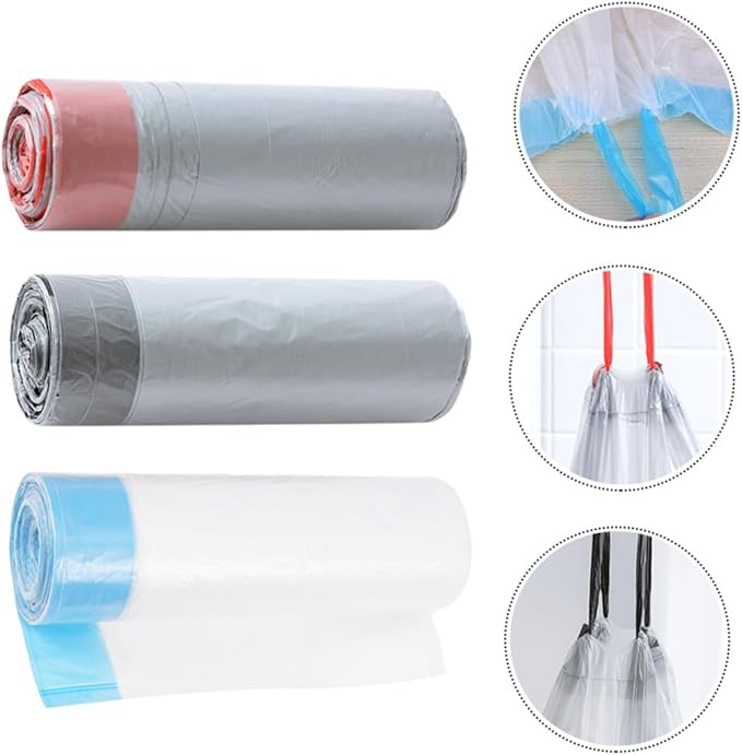 Drawstring Trash Bags 90pcs Disposable Portable Garbage Bags with Handles Gray and White Random Color for Kitchen and Outdoor Use