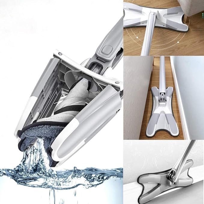Manual Extrusion Flat Mop with Hands-Free Wringing Microfiber Replaceable Pads Stainless Steel Telescopic Rod Household &amp Window Cleaning