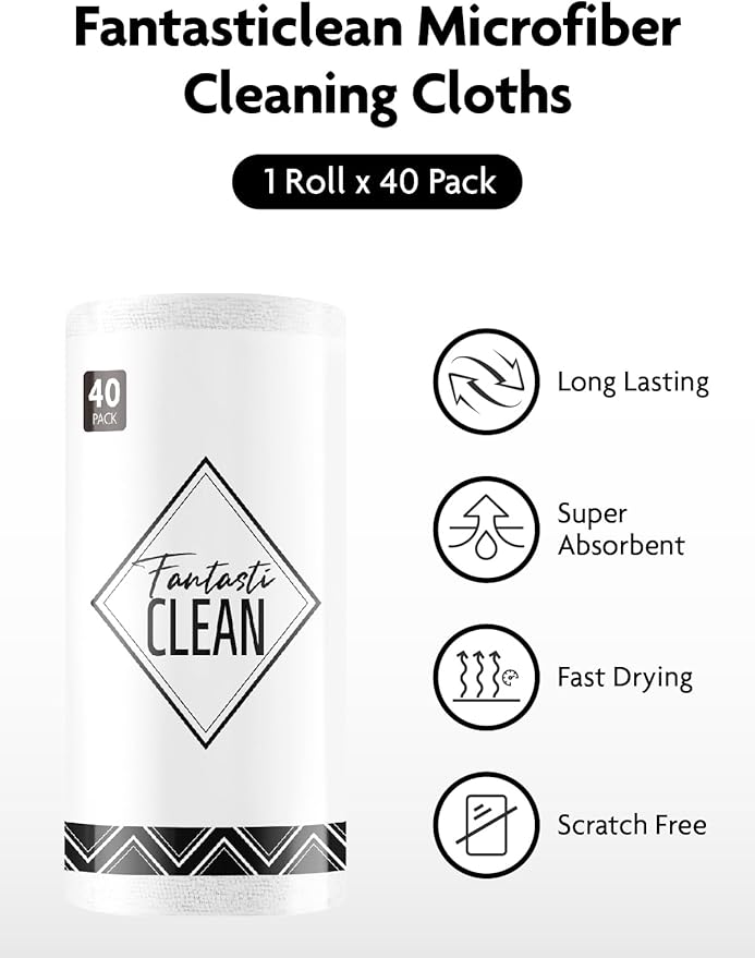 Fantasticlean Microfiber Cleaning Cloth Roll -40 Pack Tear Away Microfiber Towels 12 x 12 Reusable Washable Scratch Free Ultra Absorbent Dishcloth for All-Around Cleaning Supplies (White)