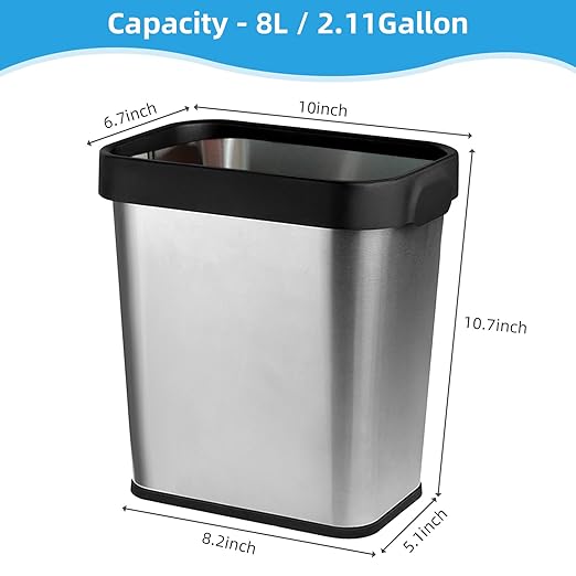 TooCust 3 Pack Stainless Steel Trash Can 2 Gallon Open Top Trash Can 7 x 10 x 11 Rectangle Rubbish Bin Slim and Narrow No Lid Small Wastebasketfor Kitchen Bathroom Living Room Office
