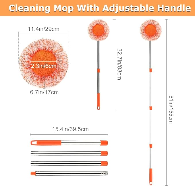 61 in Adjustable Cleaning Mop Dolodomy 180° Rotatable Mops for Floor Cleaning with 4 Reusable Heads 2 Fabrics Wall Mop for Floor Door Window Ceiling and Bathroom