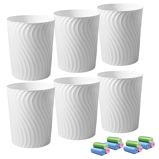 YGJT Small Trash Can 6 Pack 1.8 Gallons Bathroom Trash Can Slim Waste Basket Round Garbage Can Plastic Trash Bin for Kitchen Dorm Bedroom Office Living Room Study Compact Spaces(White)