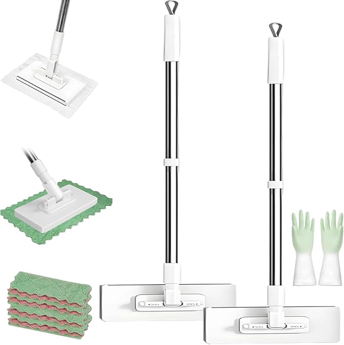 Fregona Antipolvo Desechable Fregona Antipolvo Desechable Con 4 Paños Reutilizables Disposable Dust Mop with 4 Reusable Cloths Flat Mop with Disposable Pads 39 Long Handle (2pcs)