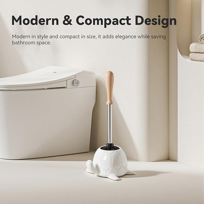 White Ceramic Turtle Base Toilet Brush and Holder Set - 7.5 Cute Toilet Bowl Cleaner Brush Ergonomic Handle Toilet Bowl Brush and Holder for Home &amp Commercial Use Bathroom Brush