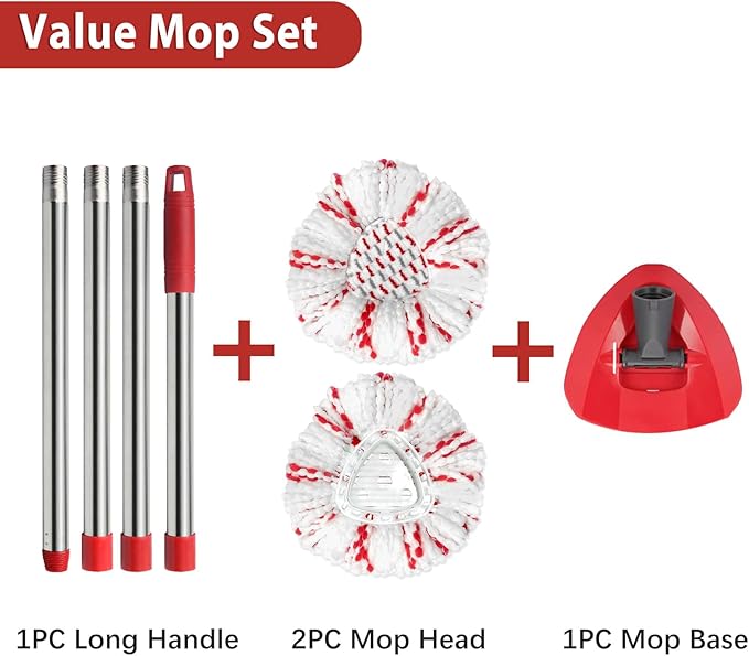 Spin Mop Replacement Head Base Handle Compatible with Ocedar Mop Set EasyWring 1-Tank Microfiber Spin Mop 2 Refills Replacement Heads 30-58in Handle and 1 Base Combo Set