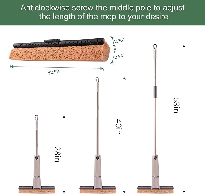 Eyliden Sponge Mop Easy Squeeze Wringing Mop with 2 Reusable Heads Absorbent Honeycomb Sponge for Home and Commercial Use Hardwood Laminate Tile Marble Ceramic Floors Cleaning