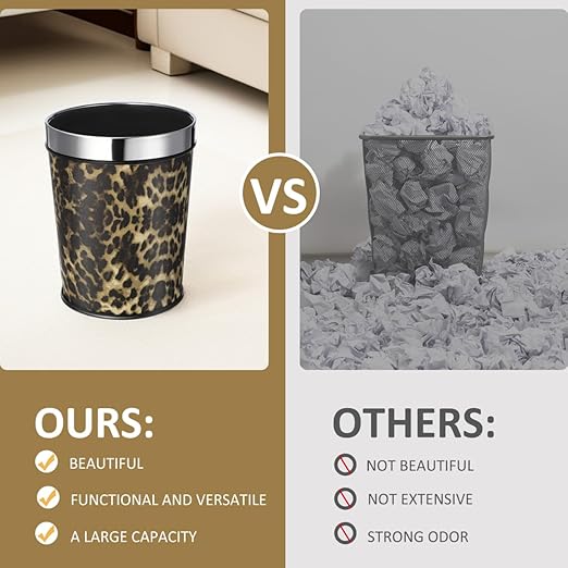 Bathroom Trash Can Recycling Bin Leopard Print Round Waste Basket Office Garbage Can Stainless Steel Trash Container 5L