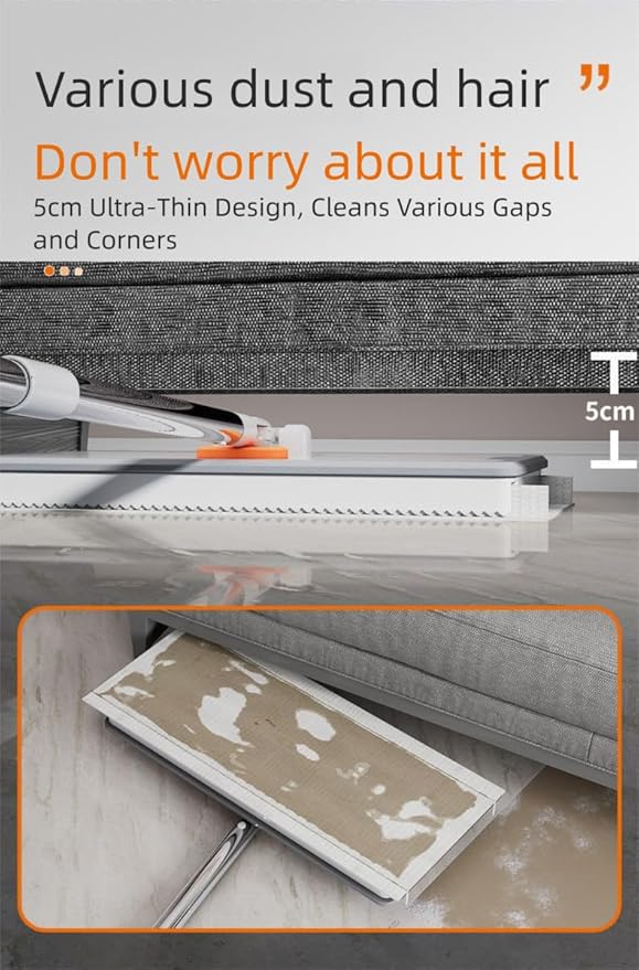 Snap Grip Mini Mop | Hands Free Cleaning Tool with 40 Pcs Disposable Dust Mops | Foot Tap Lock System | Ultra Thin 5cm Design for Kitchen House Wall Toilet Corners | Upgraded Stainless Steel Pole