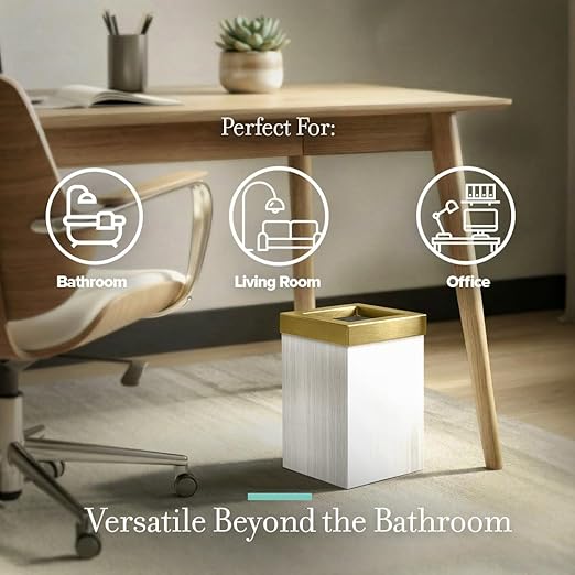 Gatco Small Bathroom Trash Can with Lid Square 3 Gallon Wastebasket Under Sink White Oak with Brushed Brass for Bathroom Bedroom Office (1936B)