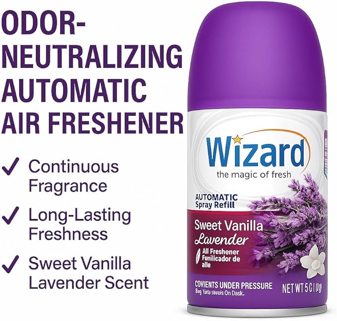 Wizard Automatic Spray Refill – Sweet Vanilla Lavender 5 oz (12 Pack) | Compatible with Air Wick Freshmatic &amp Glade Dispensers | Long Lasting Odor Neutralizer for Home &amp Office