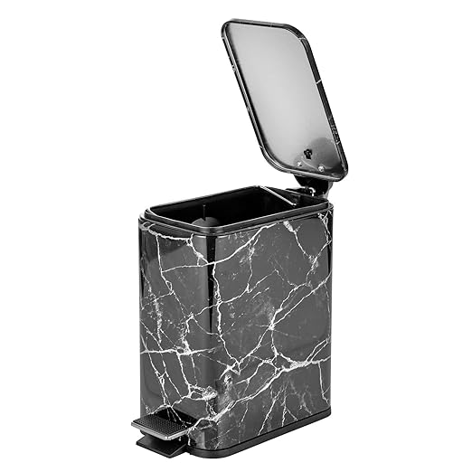 mDesign Slim Metal Rectangle 1.3 Gallon/5 Liter Trash Can with Step Pedal Easy-Close Lid Removable Liner - Narrow Wastebasket Garbage Container Bin for Bathroom Bedroom Kitchen - Black Marble