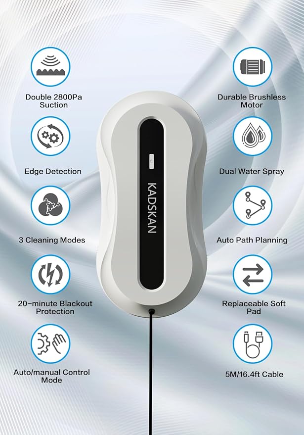 Window Cleaning Robot Automatic Window Cleaner with Water Spray for Windows/Tiles/Class Door Inside/Outside 5600Pa Suction Power 3.0 Path Planning Remote Control