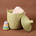 Small Natural Beige Decorative Woven Wicker Basket Hamper - Organize Laundry Toys Blankets Pillows Clothes Towels - Storage Bins for Home Baby Nursery Living Room Bedroom Bathroom