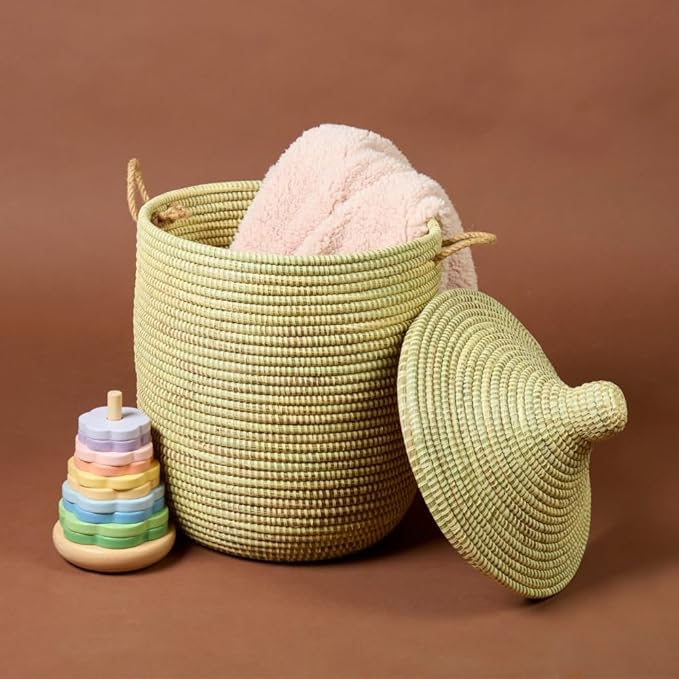 Small Natural Beige Decorative Woven Wicker Basket Hamper - Organize Laundry Toys Blankets Pillows Clothes Towels - Storage Bins for Home Baby Nursery Living Room Bedroom Bathroom