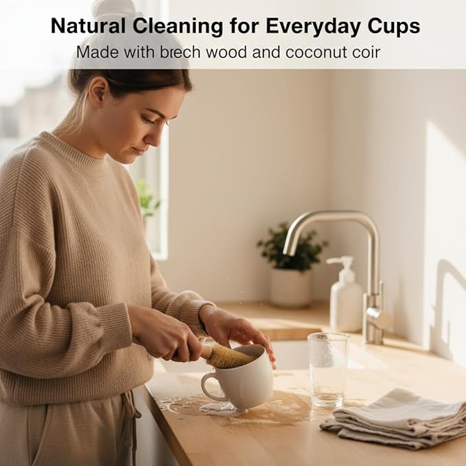 Wooden Bottle Brush - L-Shape Long Handle Cup Scrubber for Water Bottles Decanters &amp Glassware - Beech Wood Kitchen Cleaning Tool (Multipack) (4)