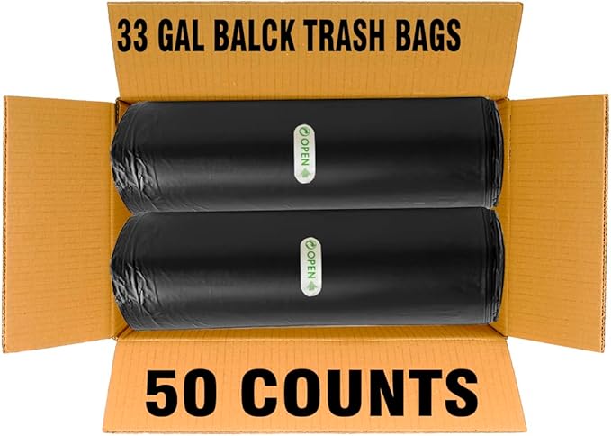 33 Gallon Trash Bags 50 Count Black Garbage bags Multi-purpose Trash Can Bin Liners for Home Commercial Outdoor Construction Industrial Janitorial Municipal Lawn Leaf