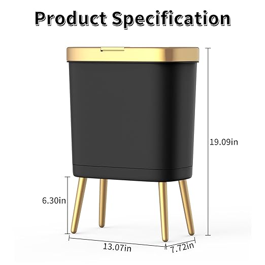 Procade Office Trash Can with Lid Black Bathroom Trash Can with Gold Edge Modern Narrow Garbage Can with Legs Slim Plastic Trash Bin for Bedroom Living RoomKitchenToilet 4 Gallon