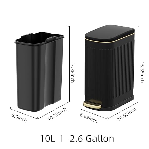 2.6 Gallon Slim Bathroom Trash Can with Soft Close Lid 10L Stainless Steel Garbage Can with Removable Liner Bucket for Narrow Spaces Bathroom Bedroom (Matt Black)