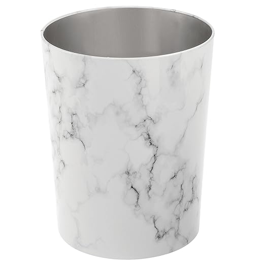 mDesign Round Metal Small 1.7 Gallon Recycle Trash Can Wastebasket Garbage Container Bin for Bathrooms Kitchen Bedroom Home Office - Durable Stainless Steel - Mirri Collection - White Marble