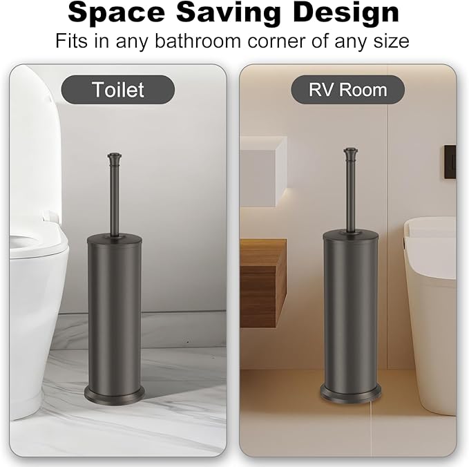 Pewter Toilet Brush and HolderExtra Long Handled Toilet Brush for BathroomStainless Steel Heavy Duty Toilet Bowl BrushRemovable Inner BowlDeep Cleaning Dense Bristles Cleaner Brush -Space Saving