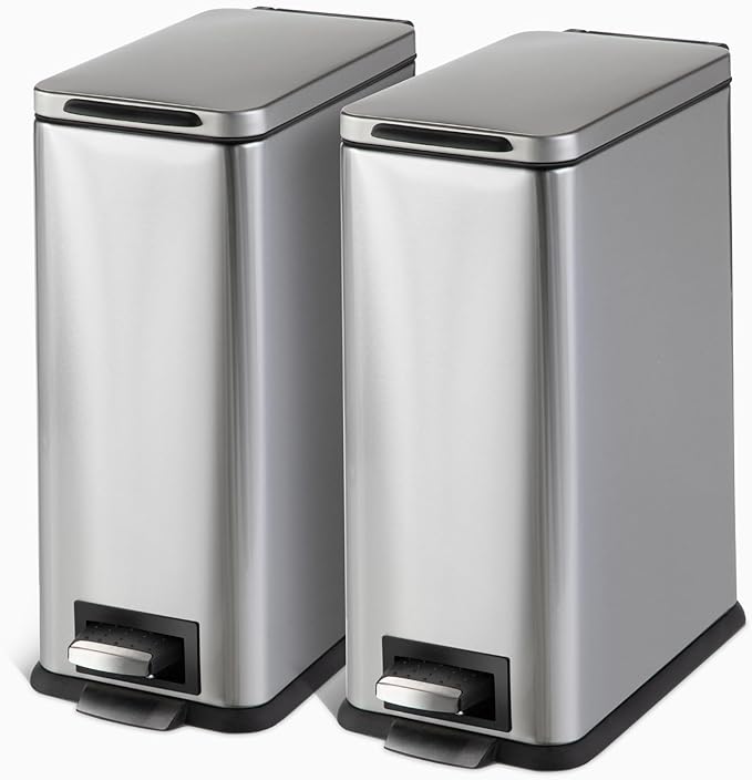 Home Zone Living 2-Pack 3 Gallon Small Trash Can with a Lid and Step Pedal Stainless Steel with Slim Design for Home and Office Silver 10 Liters