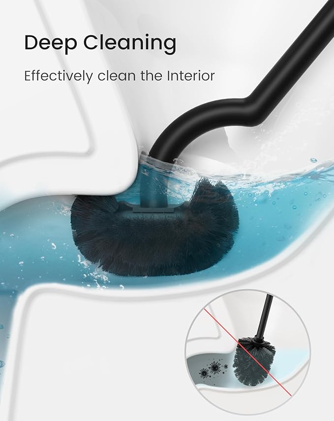 Cesun Toilet Brush and Holder Set - Curved Design Toilet Brush for Deep Cleaning Under Rim 304 Stainless Steel Toilet Bowl Brush and Holder for Bathroom Rv Black(2 Replaceable Brush Head Included)