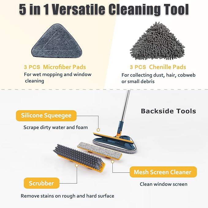 Wall Cleaner Mop with Long Handle 5-in-1 Wall Cleaning Dust Mop with 6 Replacement Chenille Microfiber Pads Squeegee Scrubber Duster Cleaning Tools for Wall Window Floor Ceiling