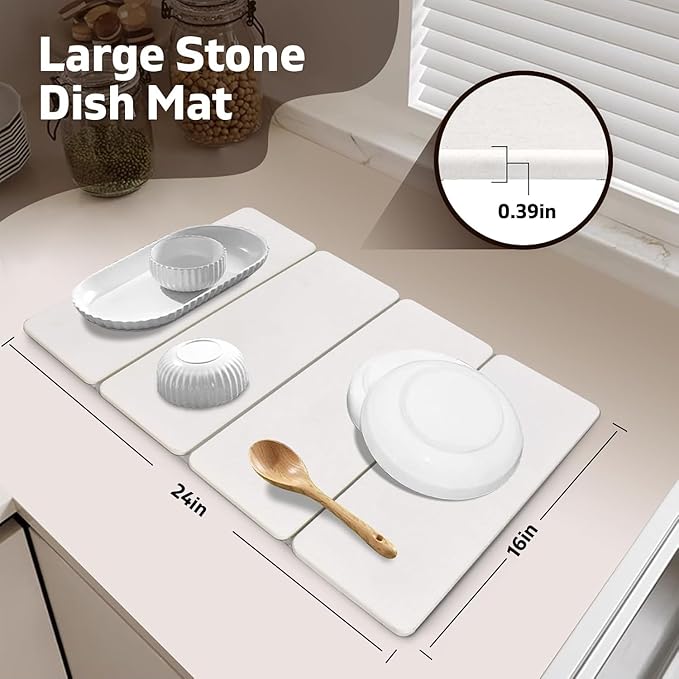 Large Stone Dish Drying Mat for Kitchen Counter 24×16 Dish Drying Mat Fast Water-Absorbing Diatomaceous Earth Non-Slip Stone Mat Multi-Purpose Foldable for Match Any Countertop