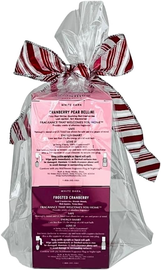 Bath &amp Body Works FROSTED CRANBERRY &amp CRANBERRY PEAR BELLINI Wallflowers Home Fragrance Refill 2pc bundle Gift Set with 30-Inch Red &amp White Candy Cane-Striped Holiday Ribbon Bow – Winter S