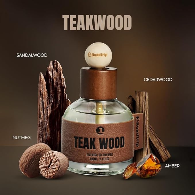 Car Air Freshener - Long Lasting Essential Oil Diffuser - Aromatherapy Accessories for Men &amp Women - Valentines Day Gifts for Him - Teakwood Car Scent Diffuser 3.38 FL OZ/100ML