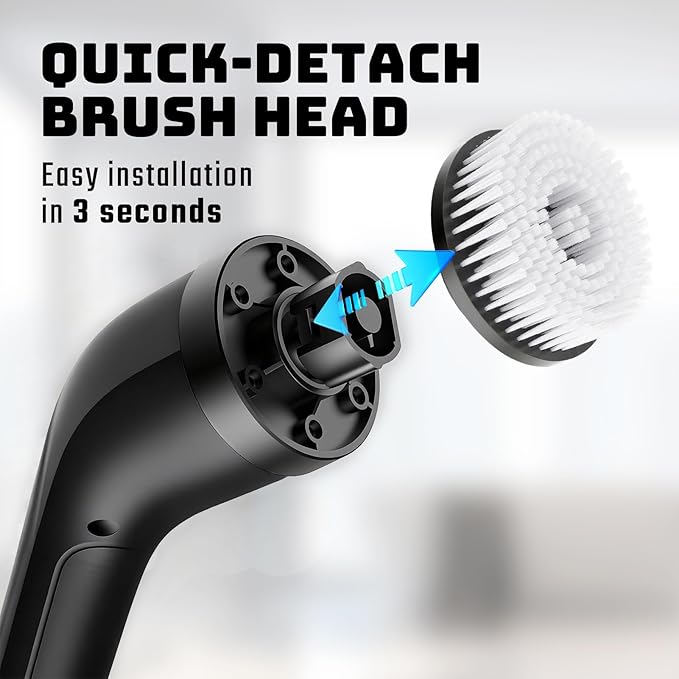 Electric Spin Scrubber Powerful 2-Speed Cleaning Brush IPX7 Waterproof with 7 Reusable Brush Heads &amp Extendable Handle for Bathroom Toilet Shower Kitchen Wall Tile Floor Grout (Black)