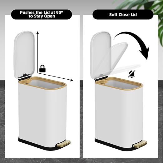 2.6 Gallon Slim Bathroom Trash Can with Soft Close Lid 10L Stainless Steel Garbage Can with Removable Liner Bucket for Narrow Spaces Bathroom Bedroom (White)