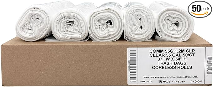 Ultrasac Heavy Duty 55 Gallon Clear Trash Bags - (Value 50 Pack) - 1.2 MIL equivalent Industrial Strength Plastic 37 x 54 for 50-55 Gal Cans -Fits Toter Rubbermaid Brute Carlislie Bronco etc.