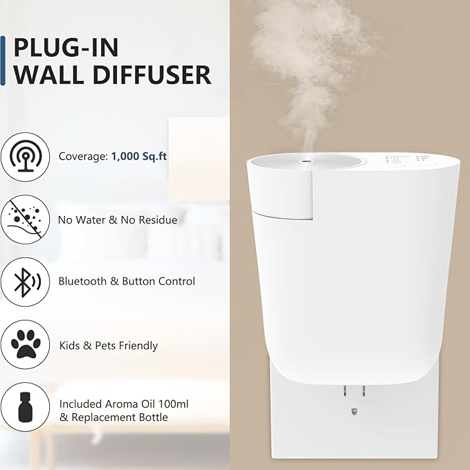 Plug-in Wall Diffuser | Waterless Essential Oil Aroma Diffuser | Portable Mini Home Scent Machine for Large Room | Aromatherapy Kit with 100ml Oil &amp Refill Bottle | White | Gift