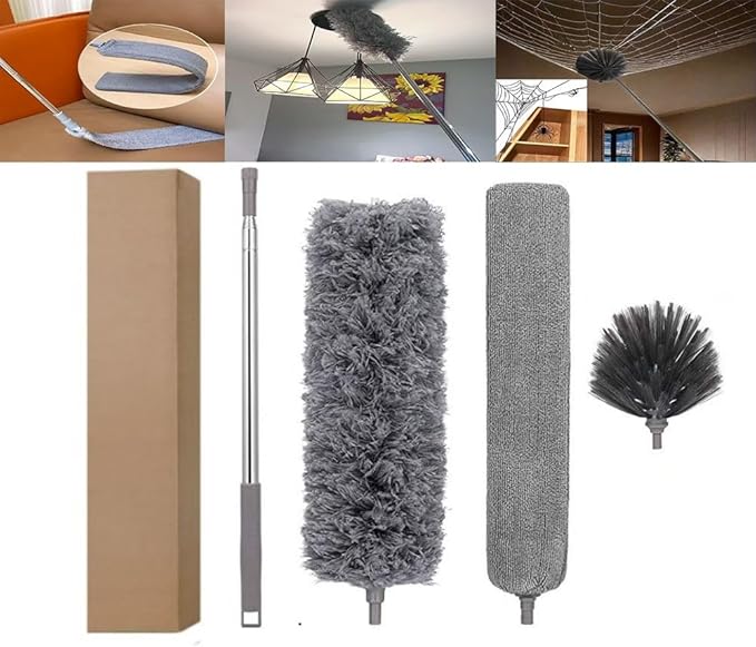 Extension Crevice Duster Microfiber dusting Cloth Retractable Handle Bendable Head Crevice Duster Cleaning Tool Set Suitable for Furniture top and Bottom Blinds etc.(5-Piece Set1.4m Pole)