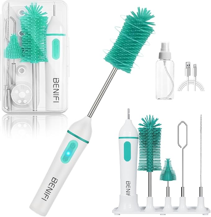 Travelling Electric Bottle Brush Cleaner Baby Bottle Brush Set Fully Water -Proof Bottle Brush Long Handle Brush BPA Free Silicon Brush Heads Drying Stand Milk Mixer Egg Whisk Included
