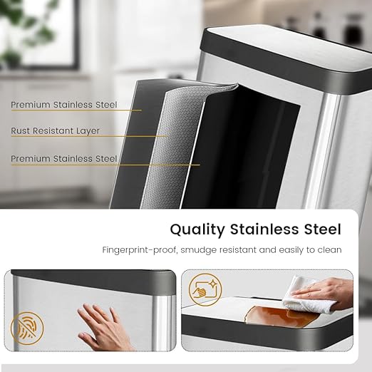 13 Gallon Stainless Steel Trash Can with Removable Inner Bucket Soft Close &amp Stay Open Lid Step-on Pedal – Modern Kitchen Garbage Can for Home Office or Commercial Use