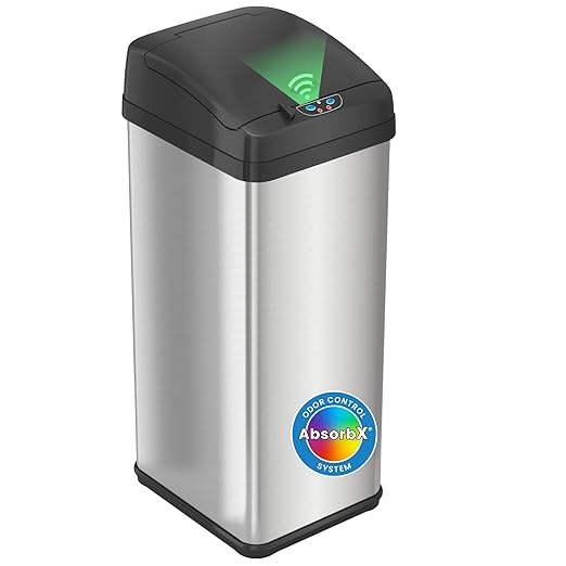 iTouchless 13 Gallon Sensor Kitchen Trash Can with Lid and Odor Filter Stainless Steel Trashcan Extra-Wide Lid Opening Slim Garbage Bin for Home Office Work Bedroom Living Room Garage Large Capacity