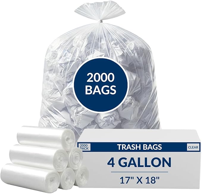 4 Gal Trash Bags | 2000 Count | 17 X 18 Small Clear Garbage Bags for Home Use