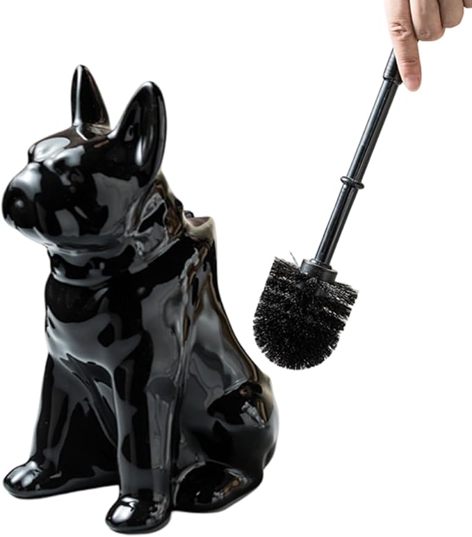Comeon Ceramic Dog White/Black Toilet Brush and Holder Set Plastic Handled Scrub Brush for Bathroom Cleaning13.7*6.3 (Black)