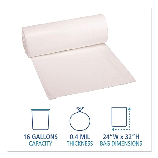 Boardwalk H4832LWKR01 24 in. x 32 in. 16 gal. 0.4 mil. Low-Density Waste Can Liners - White (25 Bags/Roll 20 Rolls/Carton)